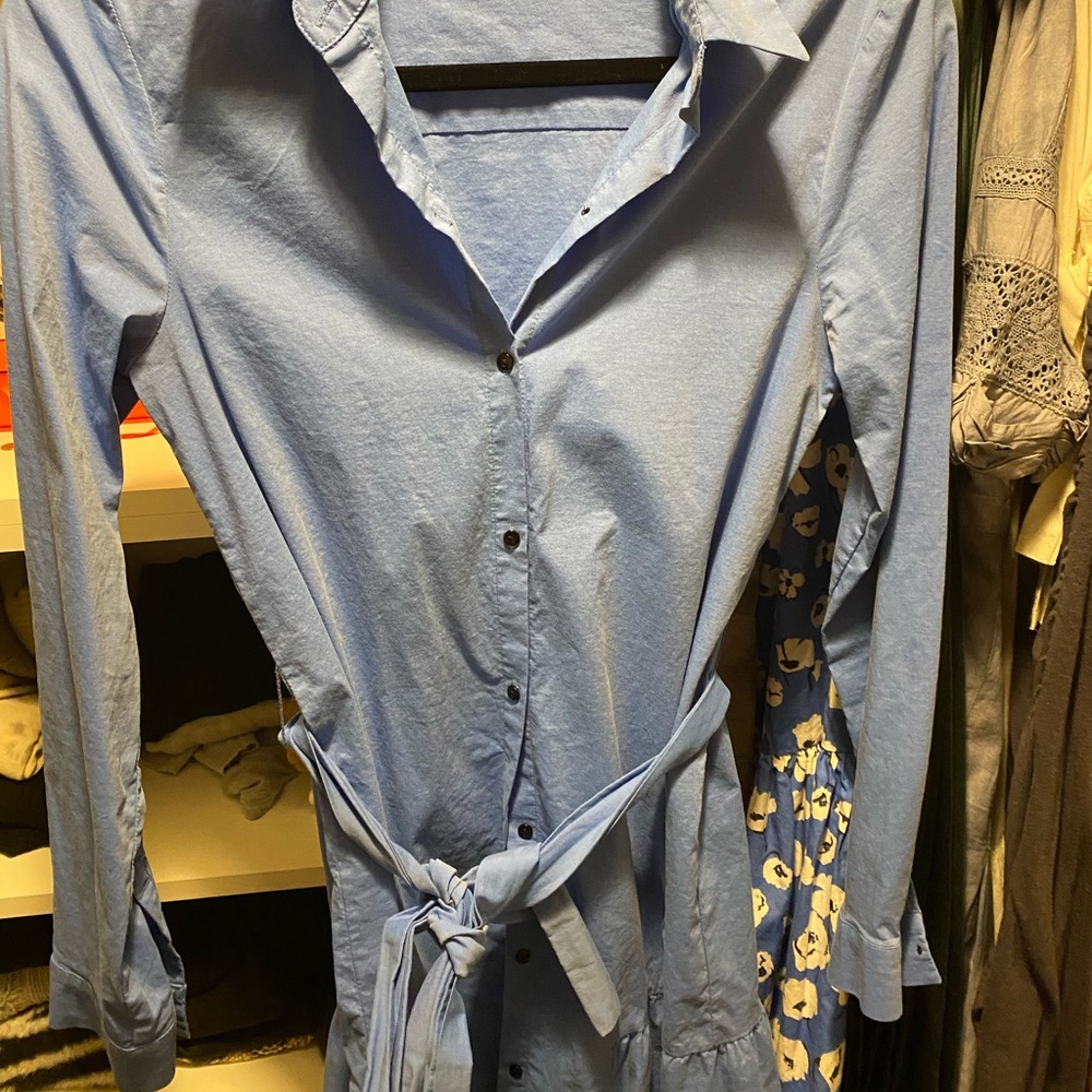 Zara button down dress with tie S blue knee length